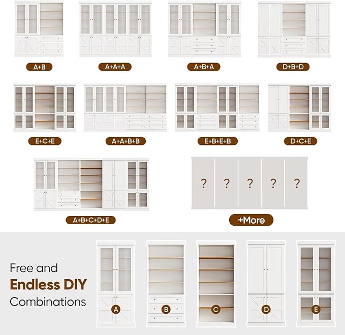 70.8" Tall Farmhouse Kitchen Pantry Cabinet with Glass Doors, Modular Wooden Storage Cabinet with 6-Tier Adjustable Shelves, Hutch for Kitchen or Living Room, Set of 3, White