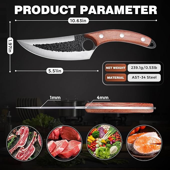 ROCOCO 3PCS Butcher Cleaver Knife Set for Meat Cutting Serbian Chef Knife Viking Boning Cleaver with Sheaths for Kitchen Outdoor BBQ Camping Birthday Father Mother Christmas Gift Idea Men