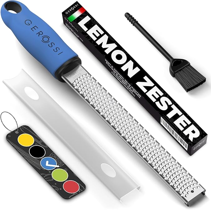 Stainless Steel Cheese Grater & Lemon Zester w/Extra Sharp Blade - Perfect for Lemon, Parmesan, Garlic, Chocolate - Spice Up any Dish in Seconds w/Your Premium Citrus Hand Grater with Handle - Blue