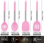 Silicone Spatula Spoon Set, 4 PCS Silicone Cooking Utensils Spatula Spoon Set with Stainless Steel Handle, BPA Free Kitchen Turners for Frying, Mixing, Serving, Draining, Turning, Stirring, Pink