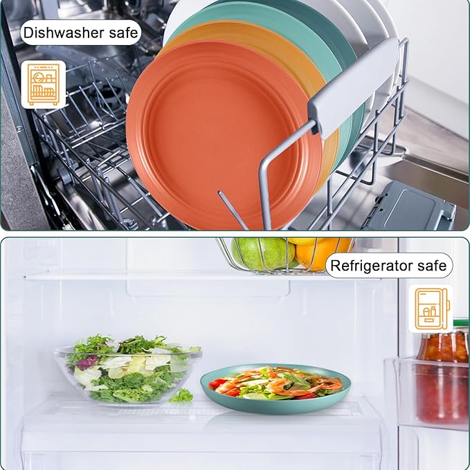 12 Pcs Unbreakable Deep Dinner Plates Set, 9 inch Reusable Plastic Wheat Straw Plates, Microwave and Dishwasher Safe Plate for Kitchen, Lightweight Plate for Dessert, BPA Free, 4 Colors