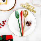 Rubtlamp 180Pcs Christmas Plastic Silverware, Heavy Duty Plastic Utensils, Party Disposable Flatware, Plastic Cutlery Sets Include 60 Green Forks, 60 Brown Gold Plastic Spoons, 60 Red Knives