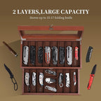 AUTOARK 2-Tier PU Leather & Velvet Knife Organizer with 17 Slots,Transparent Glass Top & Drawer,Compact Storage for Pocket Knives,Perfect for Men's Collections & Gifts,Coffee,MKAW012