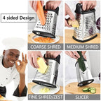 Stainless Steel 4 Sides Grater Slicer with Handle, Multifunctional Cutter Planing for Ginger, Garlic, Cucumbers, Carrots, Cheese, Potato, Ergonomic Design Kitchen Gadgets Accessories（Red）