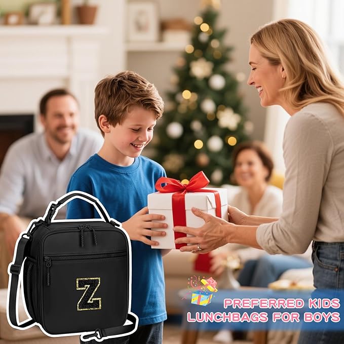 Initial Insulated Lunch Bag for Boys Kids, Back to School Gift, Reusable Leak-proof Lunch Box with Adjustable Strap for School Daycare Travel Picnic（Black，Z）