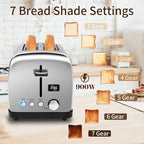 SEEDEEM Toaster 2 Slice, LCD Display, 7 Shade Settings, 1.4'' Wide Slots, Stainless Steel Digital Toaster for Bagel, Defrost, Reheat, Removable Crumb Tray, 900W, Silver Metallic
