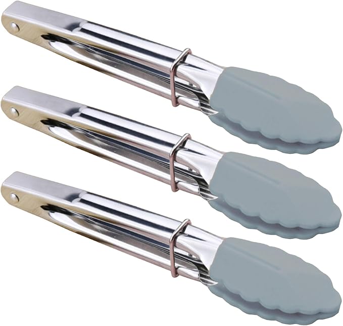 Silicone Utility Tong Kitchen Tongs 7 Inch Metal Salad Tongs, Set of 3 (Gray)