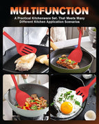 Silicone Wok Spatula Turner Set, Perfect for Scooping, Flipping, Lifting Pancakes and Picking up Veggies, BPA-Free Matte Silicone, Wooden Handles, Safe for Nonstick Cooking Surfaces (Red)