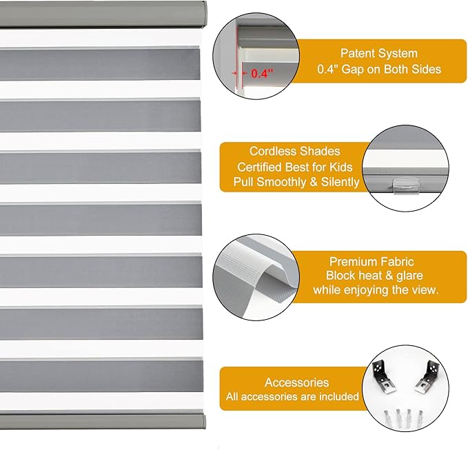Persilux Window Blinds Cordless, Zebra Roller Shades for Windows (43" W x 72" H, Grey) Light Filtering Sheer Shades Day and Night Window Drapes for Home, Bedroom, Easy to Install…
