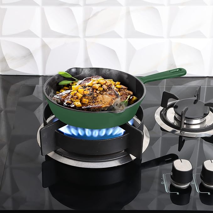 Utopia Kitchen Cast Iron Frying Pan 8 Inch, Cast Iron Chefs Pan, Pre Seasoned Skillet, Safe Grill Cookware for Indoor & Outdoor Use, Green