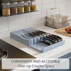 Domax Bamboo In-drawer Knife Block - Knife Drawer Organizer Insert Large Handle Steak Knife Holder, Kitchen Drawer Knife Organizer Fits for 12 knives and 1 Sharpening Steel (Not Included), Gray