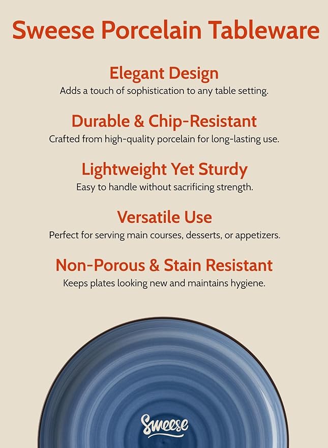 Sweese Dinner Plates, 10 Inch Round Porcelain Plates, Dish Set for Lunch, Party, Wedding, Restaurant, Microwave, Oven, Dishwasher Safe Plates Set of 6, Cool Assorted Colors