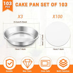 BEWOS 103 Pcs 7.4" Round Cake Pans - Nonstick Stainless Steel Cake Pans with 100 Pcs Parchment Paper, Non-Toxic Cake Baking Pans with Handles, Mirror Finish & Dishwasher Safe
