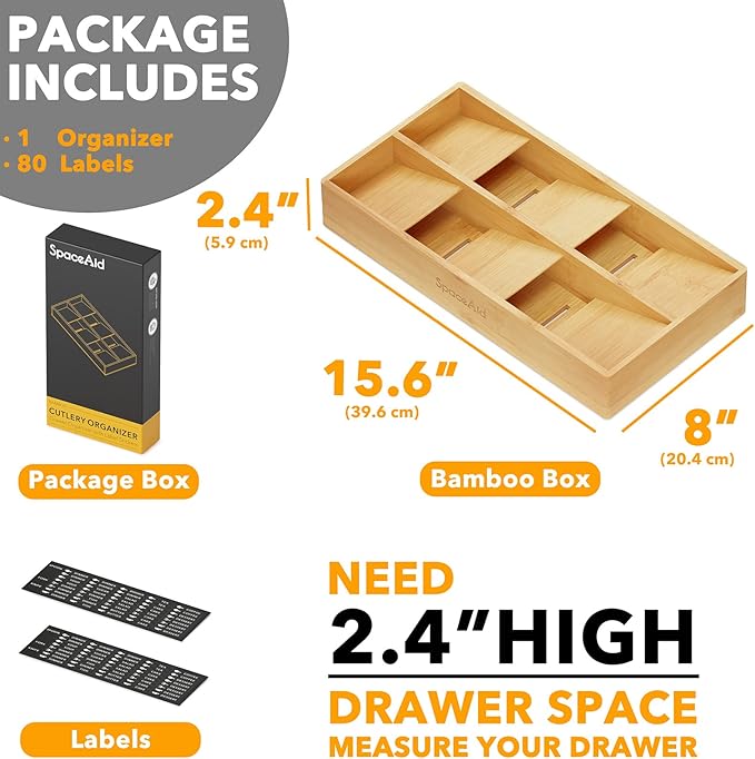 SpaceAid Bamboo Silverware Drawer Organizer with Labels, Kitchen Utensil Tray Holder Organizer for Flatware, Cutlery, Spoon and Knives Drawer Storage Organization (Natural, 6 Slots)