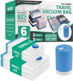 Cozy Essential Travel Vacuum Bags with Electric Pump, 6 Pack Vacuum Travel Bags for Luggage and Suitcase, Vacuum Seal Space Saver Compression for Clothes Clothing