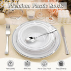 50 Pack Disposable Soup Bowls with Silver Rim, 12oz Premium Heavy Duty Plastic Dinner Bowls for Party, Wedding and Holiday