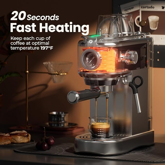 Espresso Machine - 20 Bar Espresso Maker with Milk Frother Steam Wand, Coffee Maker for Latte & Cappuccino, 1450W Semi-Automatic Coffee Machine with 34oz Removable Water Tank, Compact Kitchen
