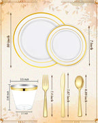 bUCLA 300PCS Gold Disposable Dinnerware Set - White and Gold Plastic Plates - Include 50 Each (Dinner&Dessert) Plates,50 Knives,50 Forks,50 Spoons,50 Cups for Party & Thanksgiving Table Decor