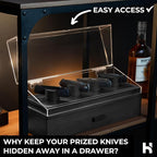 Premium Pocket Knife Display Case for 10 Knives - Wooden Knife Organizer, Storage & Holder with Unique Pillars, Hinged Cover, Drawer - Knife Collection Box - Handcrafted for Men
