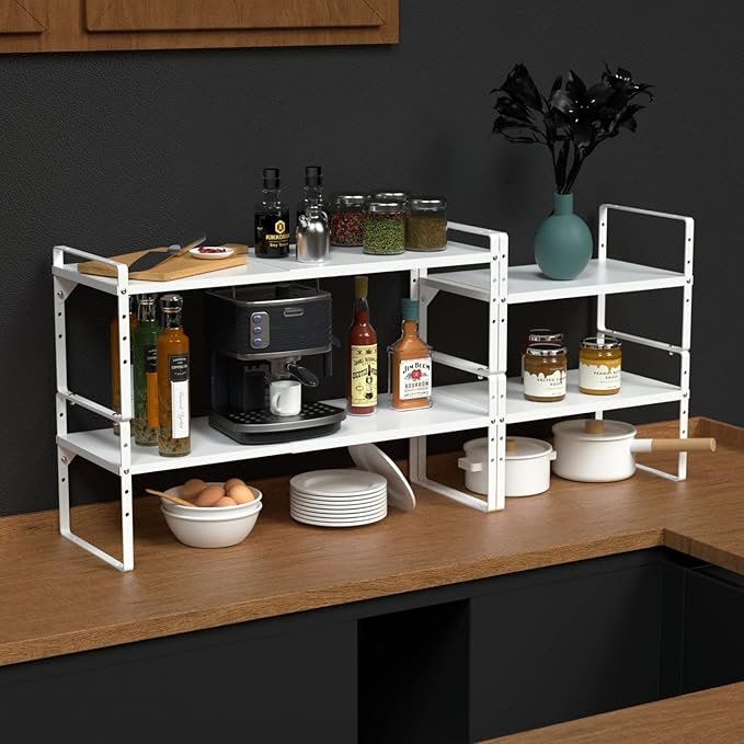 Expandable Cabinet Shelf Organizer, Stackable Kitchen Pantry Counter Storage, Adjustable Closet Cupboard Stand Rack Risers Spice Organization 80LBS Heavy Duty White 2 Pack