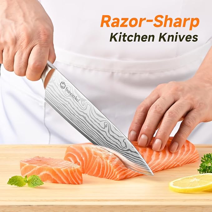 Sunnecko Knife Set with Block and Sharpener, 15 Piece Kitchen Knife Block Set Sharp Kitchen Knives High Carbon Stainless Steel with White Handles