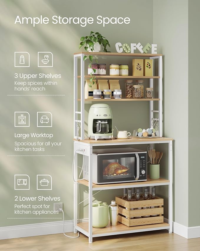 VASAGLE Bakers Rack with Power Outlet, 31.5 Inches Coffee Bar for Kitchen with Storage, 6-Tier Kitchen Shelves with 6 Hooks, Microwave Stand, Golden Oak and White UKKS119Y01
