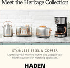 HADEN Heritage 12 Cup Programmable Retro Coffee Maker Machine Bundled with 2 Slice Wide Slot Toaster with Removable Crumb Tray, Steel/Copper
