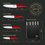 Vos Ceramic Knife Set, Ceramic Knives Set For Kitchen, Ultra Sharp Kitchen Knife Set with Covers, 3" 4" 5" 6" Paring, Santoku, Chef Knife & Utility, Lightweight, Dishwasher safe (Red with Block)