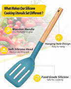 Pack of 4 Silicone Cooking Utensils Set, Non Stick Solid Spatulas and Heat Resistant Slotted Spoons with Wooden Handle, Ideal Wood Kitchen Utensils Set for Frying,Serving,Turning,Stirring (BLUE)