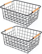 Black 2PCS Wire Storage Baskets with Wooden Handles - Organizing Pantry and Kitchen Cabinets - Metal Wire Food Storage Basket