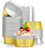 EUSOAR Baking Cups with Lids, 10oz 100pcs Gold Aluminum Foil Oven Loaf Pan Disposable Ramekins Liners for Pie Quiche Flan Soufflé Creme Brulee, Cake Pan Custard Cups Set for Dinner Wedding Banquets