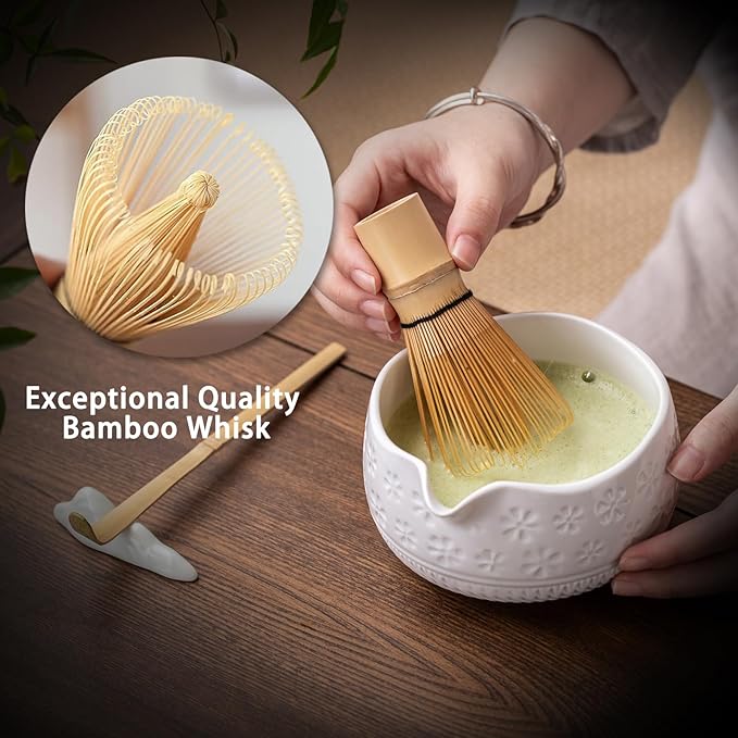 Matcha Whisk Set, Ceramic Matcha Kit Set Includes Matcha Bowl, Matcha Whisk and Holder, Bamboo Scoop, Scoop Rest, Sifter and Tea Towel - 7 Pcs Matcha Kit for Matcha Lovers(White)