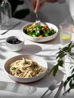 DOWAN 8.5" Pasta Bowls Set of 4 with Sesame Glaze Finish, 30oz Shallow White Ceramic Dinner Bowls, Wide Bowl Plates for Pasta, Salad, Soup & Stew, Microwave & Dishwasher Safe, Housewarming Gift