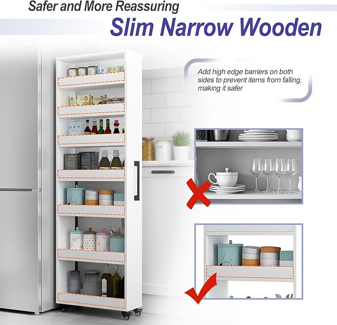 7-Tier Slim Storage Cart, Wooden Rolling Pantry Cabinet with Wheels, Narrow Shelf Organizer for Kitchen, Bakers Rack, Dining Room, Closet, Small Spaces Teak 73.2" H*7.8" W*23.6" D