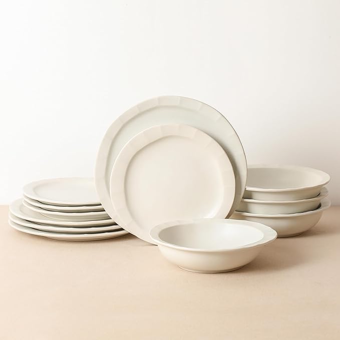 Stone Lain Oasis 12-Piece Dinnerware Set Stoneware, Dishwasher and Microwave Safe Plates and Bowls Set, Dish Set for 4, White
