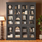 70.8" Tall Black Bookshelf with Glass Doors, Farmhouse Modular Bookcase with 6-Tier Adjustable Shelves, Large Storage Cabinet for Home Office, Living Room, Set of 4