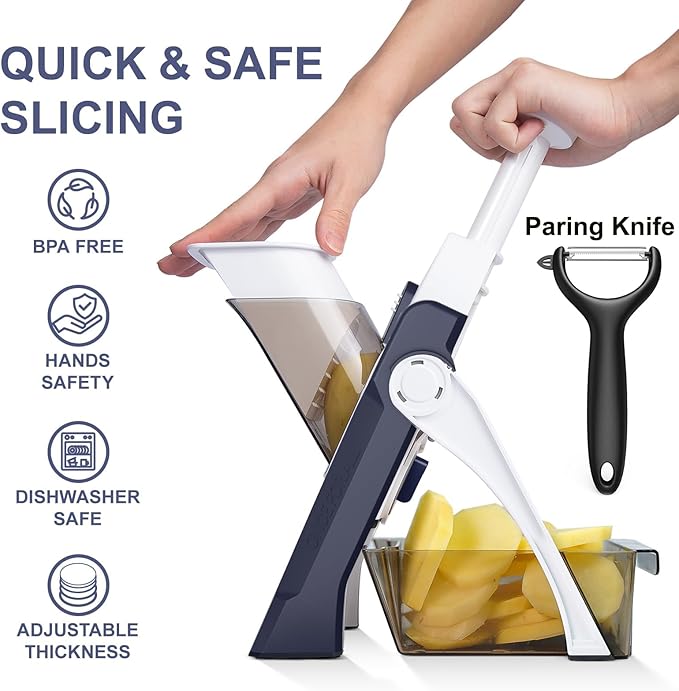 Safe Mandoline Slicer for Kitchen, Meal Prep, Potato Slicer, Adjustable/Easy to Clean/Storage, Kitchen Chopping Artifact, French Fry Cutter,Paring Knife/Cleaning Brush (only Slice, DarkBlue)