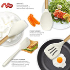 Silicone Cooking Utensils Set - 446°F Heat Resistant Silicone Kitchen Utensils for Cooking,Kitchen Utensil Spatula Set w Wooden Handles and Holder, BPA FREE Gadgets for Non-Stick Cookware (Khaki)