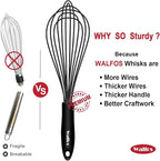 Walfos Whisk,Silicone Whisk Set of 4 Non-Scratch Silicone Coated Whisks for cooking.BPA Free and Dishwasher Safe 5+7+9+11in wisk Nice for Blending Beating Stirring and Mixing (Black）