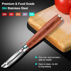 Potato Peelers Stainless Steel, Ultra Sharp Vegetable Peeler for Kitchen, Premium Veggie Fruit Peeler, Rotary Blade Carrot Peelers, Thickened Non-Slip Ergonomic Wooden Handle（5 Years Warranty）