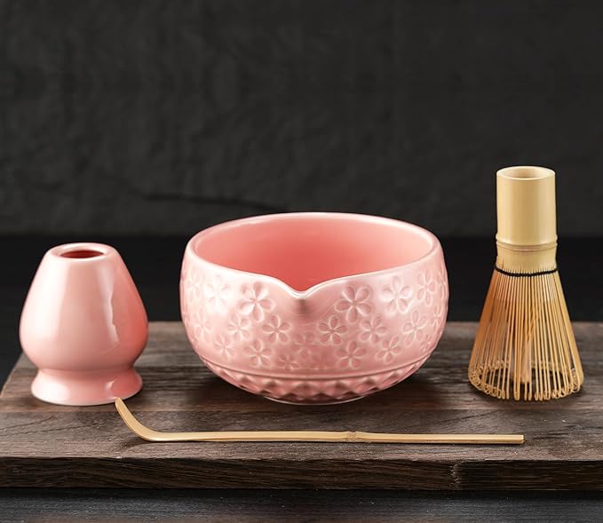 Matcha Whisk Set Matcha Kit: Ceramic Matcha Bowl, Matcha Whisk Holder, Bamboo Whisk(Chasen), Bamboo Scoop, 4Pcs Matcha Tea Set for Matcha Lover, Family Christmas Birthday Gift (Pink)