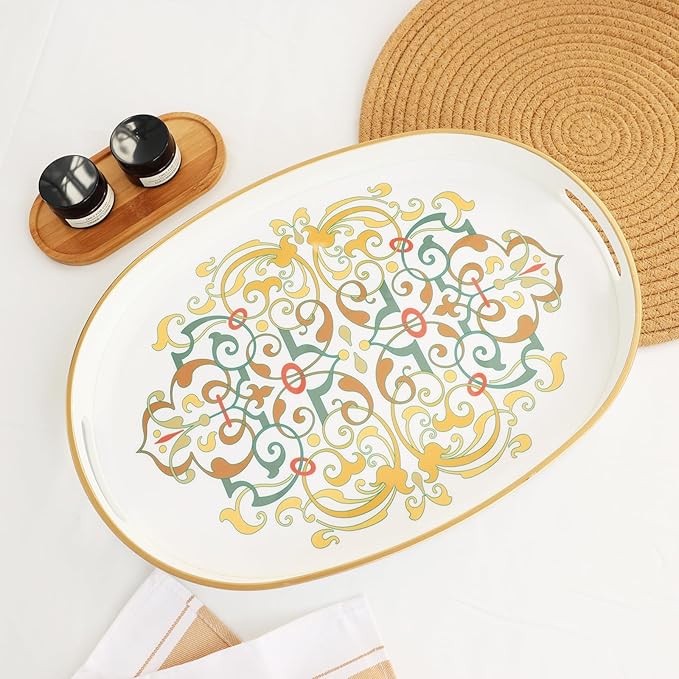 Oval Plastic Serving Tray with Handles, Elegant Decorative Tray for Coffee Table, Ottoman, Living Room, Kitchen, and Outdoor Use. 10"*16"*1.4" D