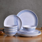 Melamine Dinnerware Sets, 12Pcs Plates and Bowls Sets Dinnerware Sets for 4, Unbreakable Dish Set for Indoor and Outdoor Use, Dishwasher Safe Raindrops Design