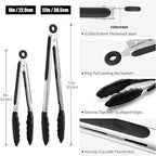 Doosu Kitchen Tongs for Cooking - 600°F Heat Resistant Food Tong Set with Non-Scratch Silicone Tips, Heavy Duty Stainless Steel Locking Tong for BBQ, Grilling Steak, Serving Salad (9+12in, Black)