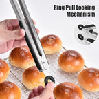 Doosu Kitchen Tongs for Cooking - 600°F Heat Resistant Food Tong with Non-Scratch Silicone Tips, Heavy Duty Stainless Steel Locking Tong for BBQ, Grilling Steak, Serving Salad, Pasta (16in, Black)