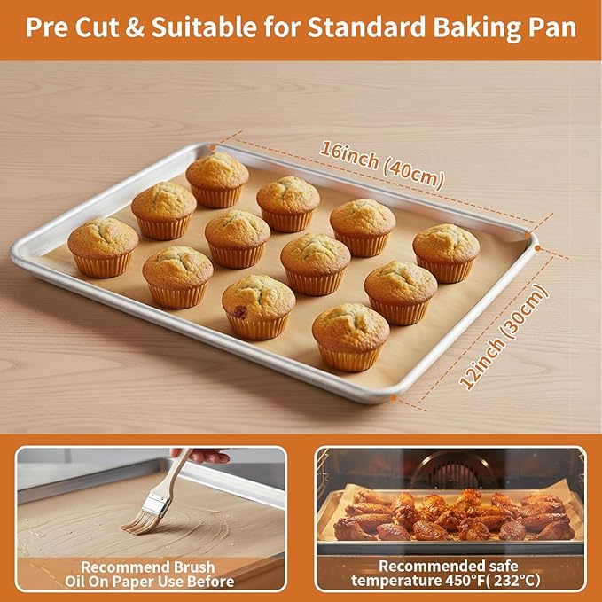 MakMeFre Parchment Paper Baking Sheets 300 PCS 12"x16" Pre Cut Non-Stick Baking Tray Mat,Oil Resistant and Waterproof Baking Paper,Fit for Food Baking,Cooking,Grilling,Air Fryer and Steaming
