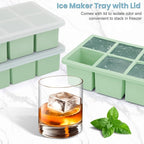Large Silicone Ice Cube Tray 3Pack, SAWNZC Big Square Ice Cube Molds for Whisky Cocktail, Ice Maker Tray with Lid for Freezer, Easy Release (3, Mint Green)