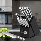 Kuisine Sharp Knife Set,One-piece Molding,Sharper Blade Ergonomic Non-slip Steel Handle,Block Knife Set Chef Knife Set with Built-in Sharpener(Black,15PCS)