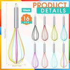 Domensi 16 Pcs 12 Inch Whisks Bulk for Cooking Silicone Whisks Non Scratch Stainless Steel Hand Coated Metal Heat Resistant Egg Beaters for Classroom Cook Party Favor Gift Supplies