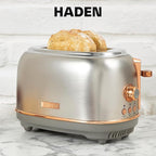 HADEN Heritage 12 Cup Programmable Retro Coffee Maker Machine Bundled with 2 Slice Wide Slot Toaster with Removable Crumb Tray, Steel/Copper